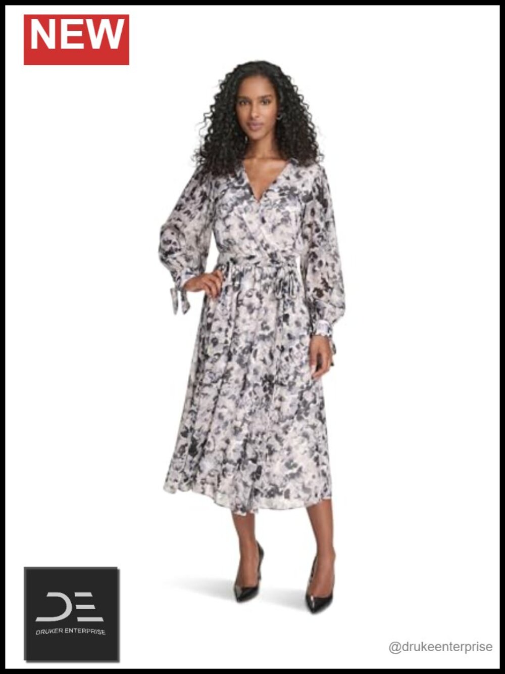 Calvin Klein V-Neck Long Sleeve Chiffon Midi Dress A-Line